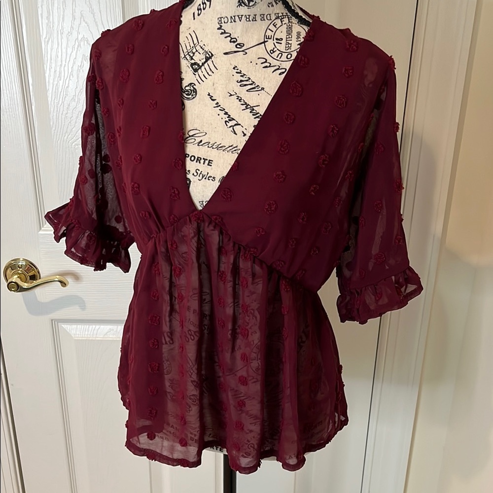 SHEIN Red Wrap Blouse with Ruffled 3/4 Sleeves